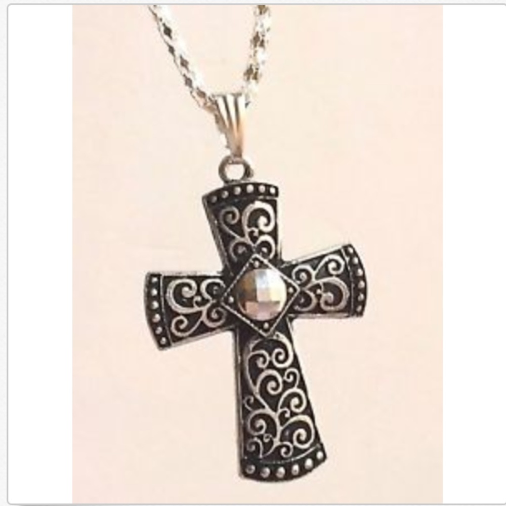 Silver Tone Crystal Art Deco Crystal Cross Necklace 22" Chain Swirl Accents